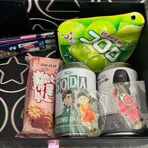 Squid game Korean Snack and Drink Set with Keychains and funko figures